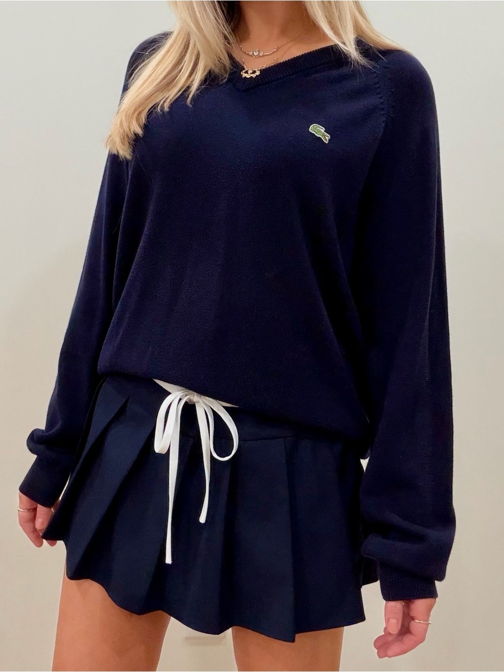 Vintage Lacoste V-neck Embroidered Logo Sweater in Navy Blue